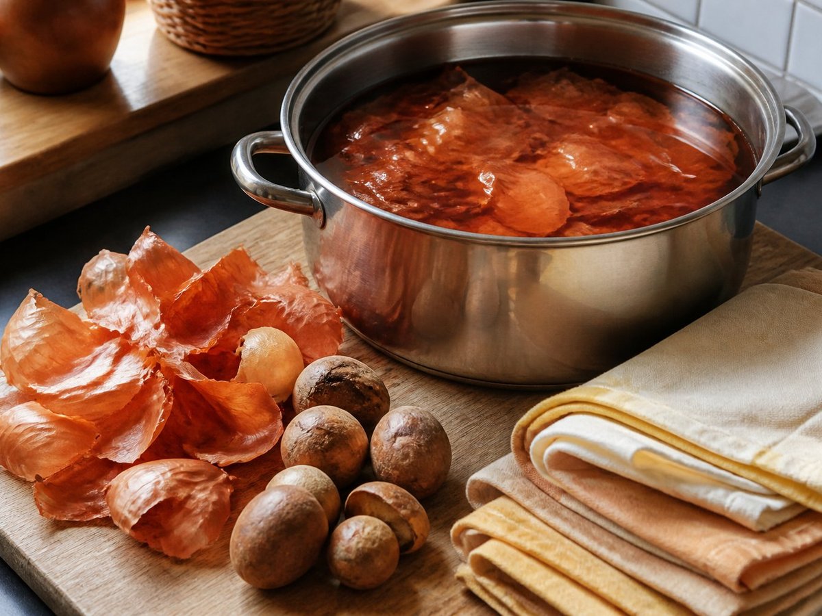 Natural dyeing pot with onion skins and tea towels