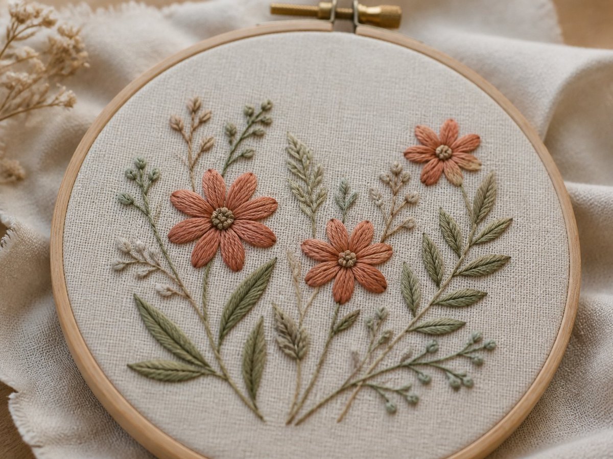 Embroidery hoop with soft coloured floss on linen