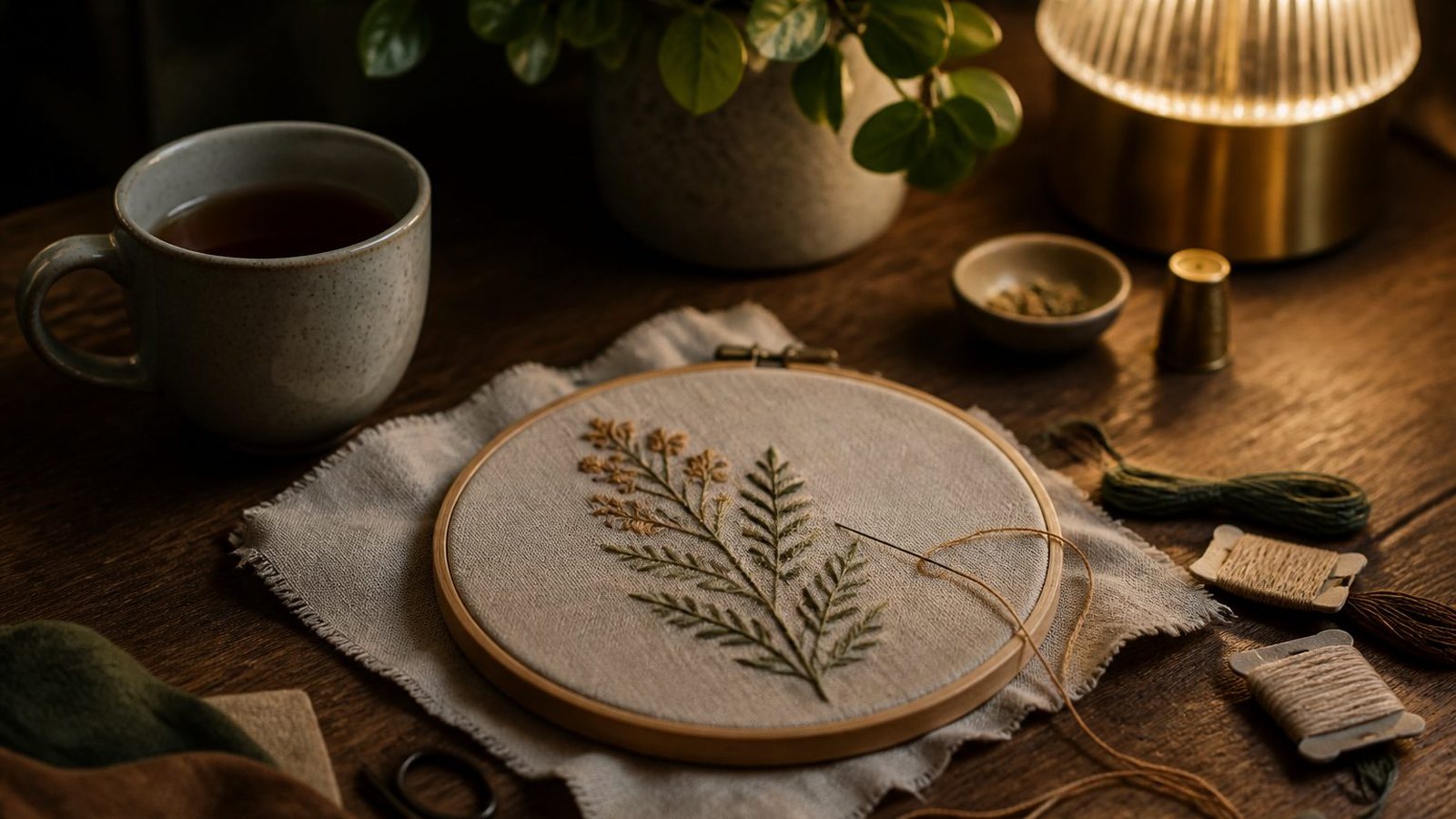 Evening craft table with embroidery hoop, thread and tea
