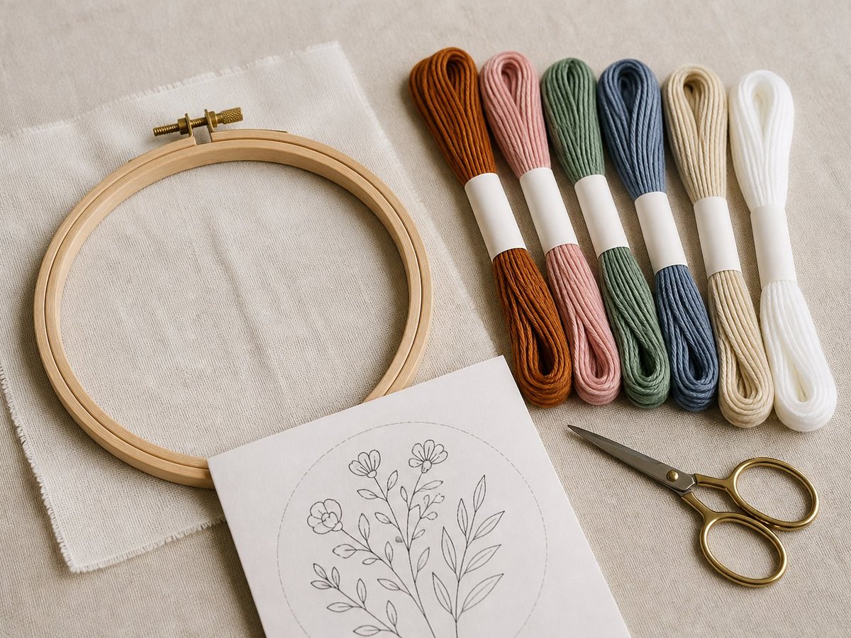 Evening embroidery starter kit flat lay
