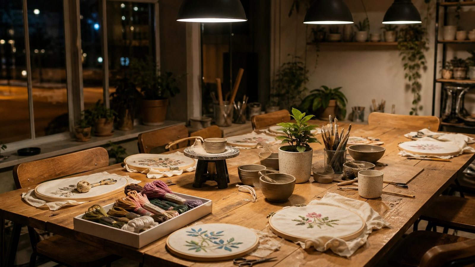 Evening craft workshop table ready for a class